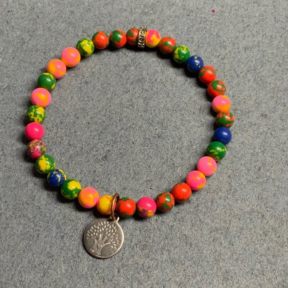 Tree Of Life Charm Bracelet Silver Heart Multicolor Marbled Bead Stretch Exotic